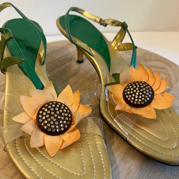 Green Yellow Sunflower Embellished Open Toe Kitten Heel Ankle Strap Size 9.5 - Picture 8 of 13